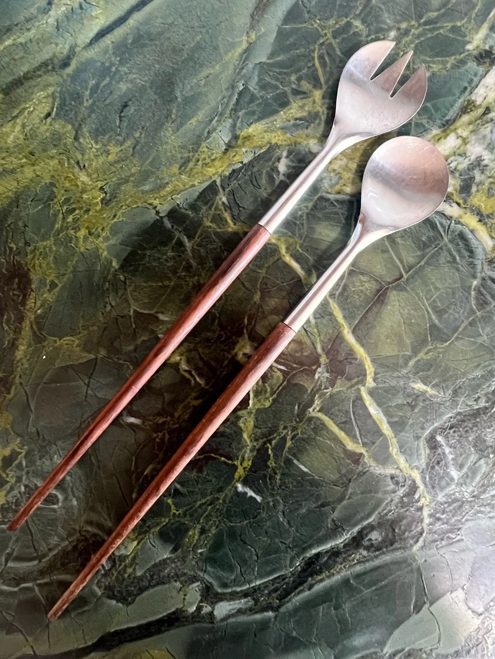 Vintage MCM Wood-Handled Stainless Salad Serving Set